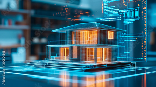 Futuristic wireframe house hologram emerging from blueprint. Innovative technology, architecture and design.