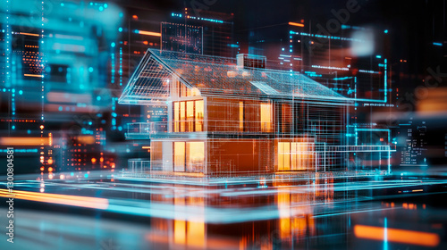 Futuristic wireframe house hologram emerging from blueprint. Innovative architecture technology.