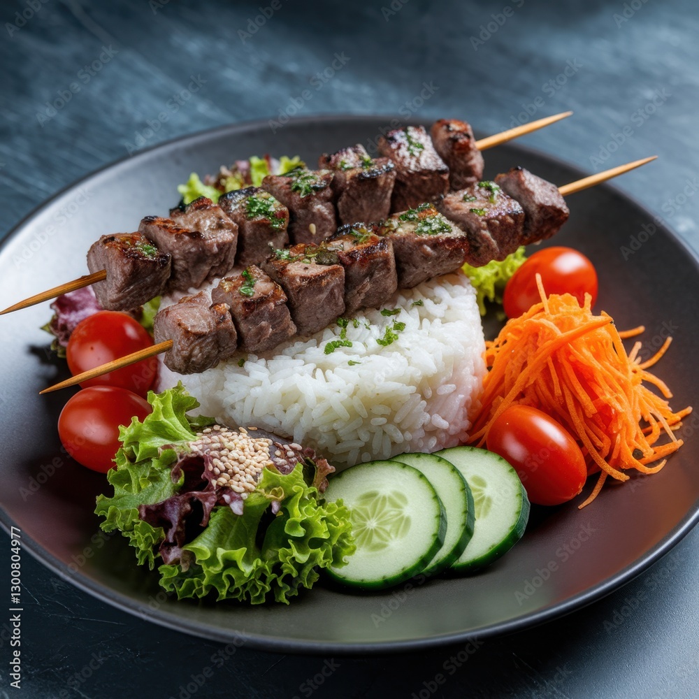 Grilled Beef Skewers with Rice and Fresh Vegetables Grilled Beef Skewers with Rice and Fresh Vegetables