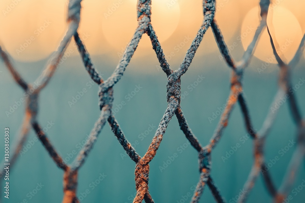 Rusty chain-link fence glows under golden sunset light. Generative AI Rusty chain-link fence glows under golden sunset light. Generative AI