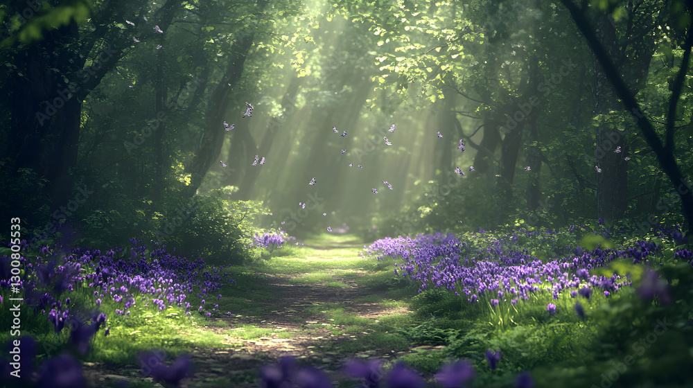 Fototapeta premium A lush forest path lined with violets, with beams of sunlight piercing through the forest canopy above.
