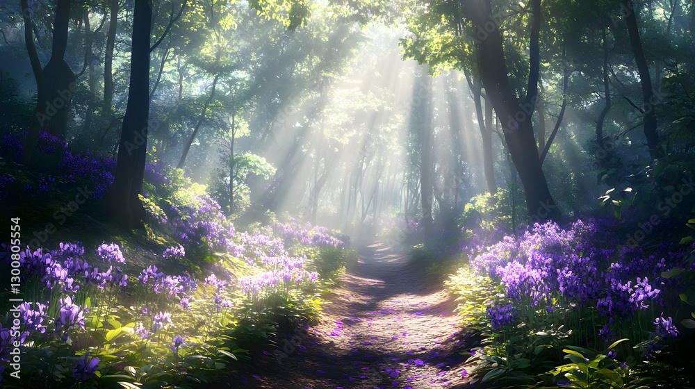 Obraz premium A lush forest path lined with violets, with beams of sunlight piercing through the forest canopy above.