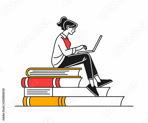 Woman Working on a Laptop on a Stack of Books