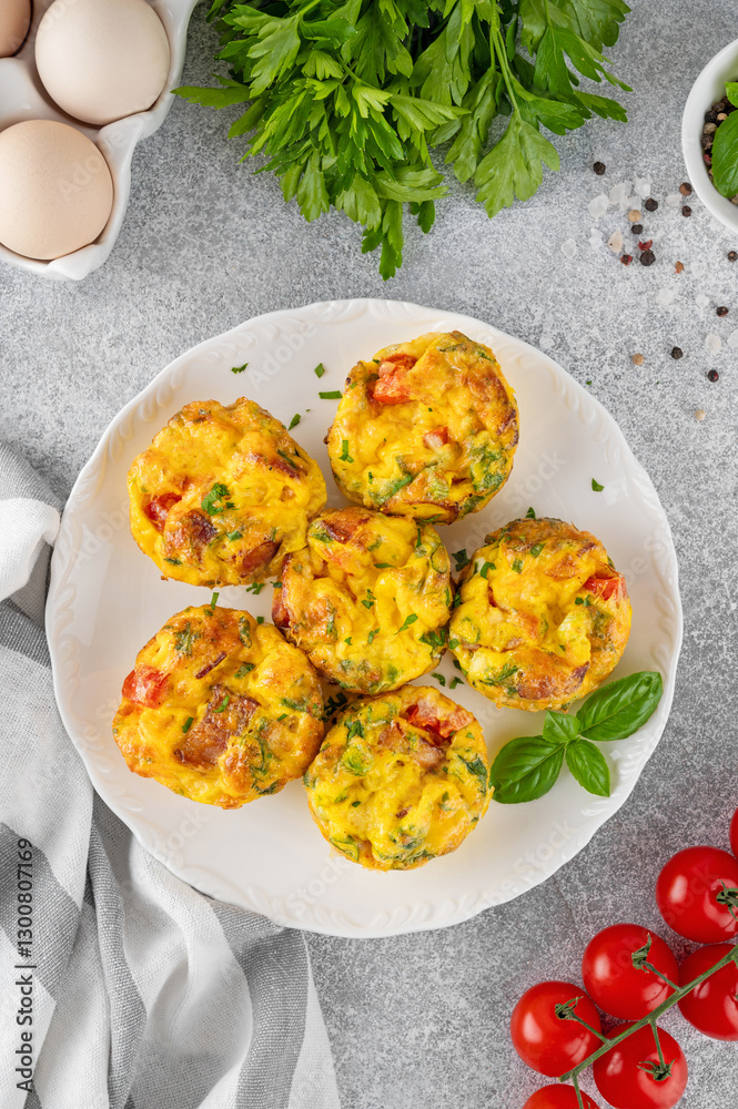 Egg muffins or egg bites with bacon, cheese, vegetables and herbs on a white plate on a concrete background. Healthy breakfast. Egg muffins or egg bites with bacon, cheese, vegetables and herbs on a white plate on a concrete background. Healthy breakfast.