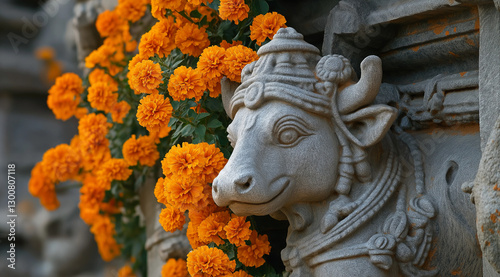 Timeless Devotion: The Towering Gopuram of Virupaksha Temple Framed by Sunset and Marigolds