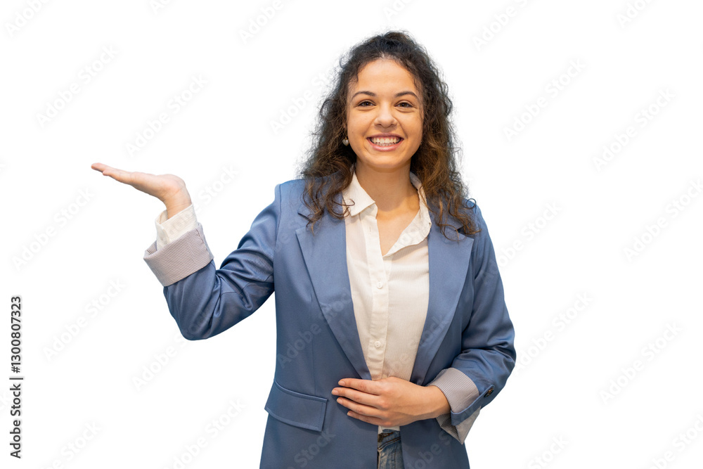 Smiling businesswoman showing and presenting with hand on transparent background Smiling businesswoman showing and presenting with hand on transparent background