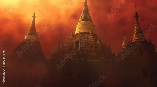 Eternal Glow: Bagan’s Ananda Temple Bathed in Twilight, Village Smoke Drifting in the Distance