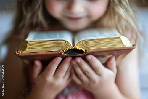 Close-Up Portrait of a Young Girl with Blonde Hair Reading an Open Brown Leather Bible, Conveying Innocence and Spirituality