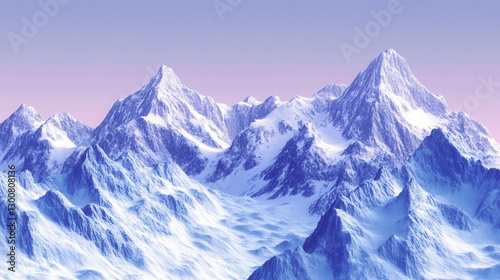 A towering mountain range at dusk, with jagged peaks covered in pristine white snow, illuminated by a subtle glow from the setting sun