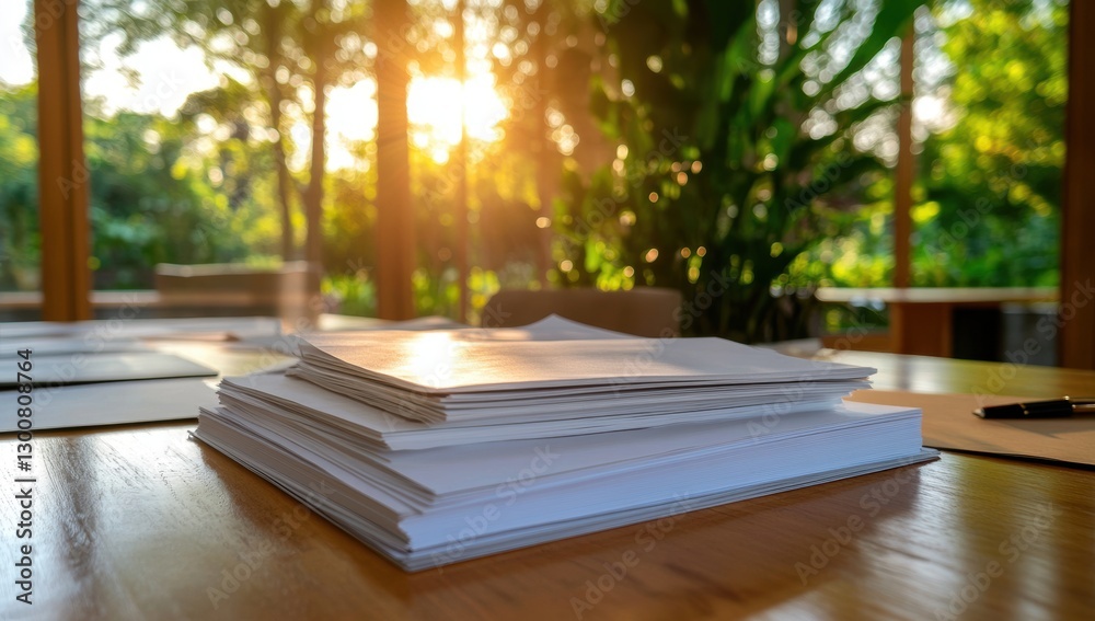 Documents on table, sunlit garden view, office Documents on table, sunlit garden view, office