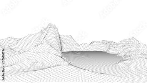Wireframe landscape background. Detailed lines on white background. Vector illustration.