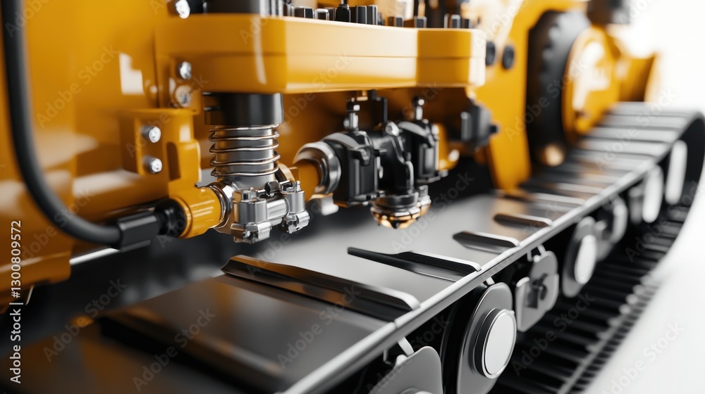 Close-up of yellow tracked vehicle engine components Close-up of yellow tracked vehicle engine components