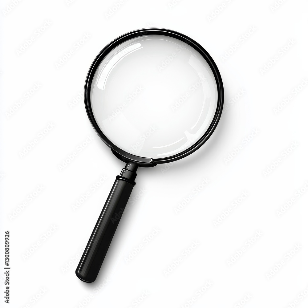 Magnifying the Ordinary: A Crisp Image of a Classic Black Magnifying Glass on a Clean White Background. Magnifying the Ordinary: A Crisp Image of a Classic Black Magnifying Glass on a Clean White Background.