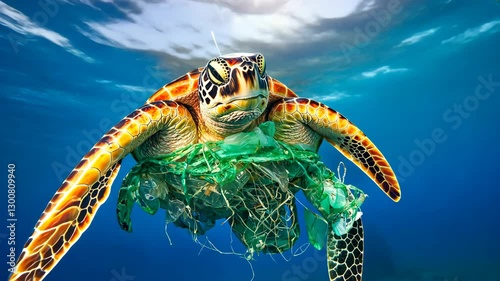Sea turtle entangled ocean plastic pollution, swimming underwater, highlighting impact of pollution.