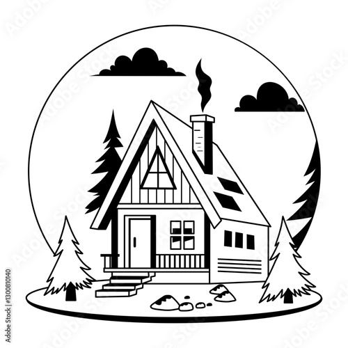 A glyph illustration of wooden cabin in a forest 