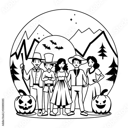 A glyph illustration of people wearing halloween costumes 