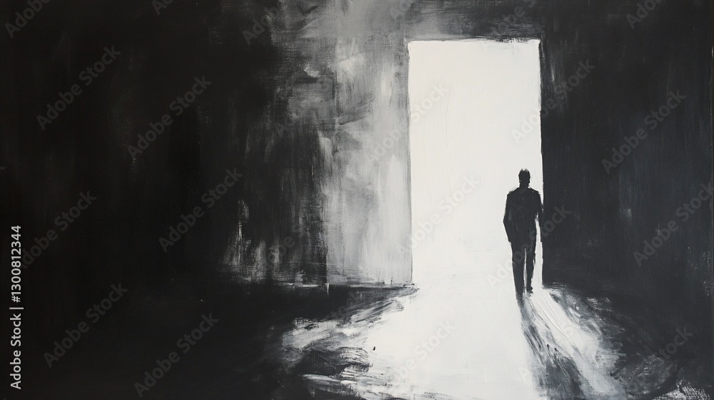 Fototapeta premium Abstract painting, man walks toward light