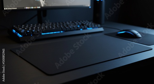 A sleek gaming setup features a black mouse pad, illuminated keyboard, and a high-resolution monitor in a dimly lit environment. photo