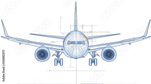 Blueprint illustration of a commercial airplane from a frontal perspective.