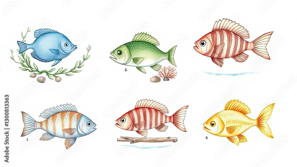 Fototapeta premium Colorful Fish Illustrations Marine Life Ocean Aquatic Animals Underwater World Sea Creatures