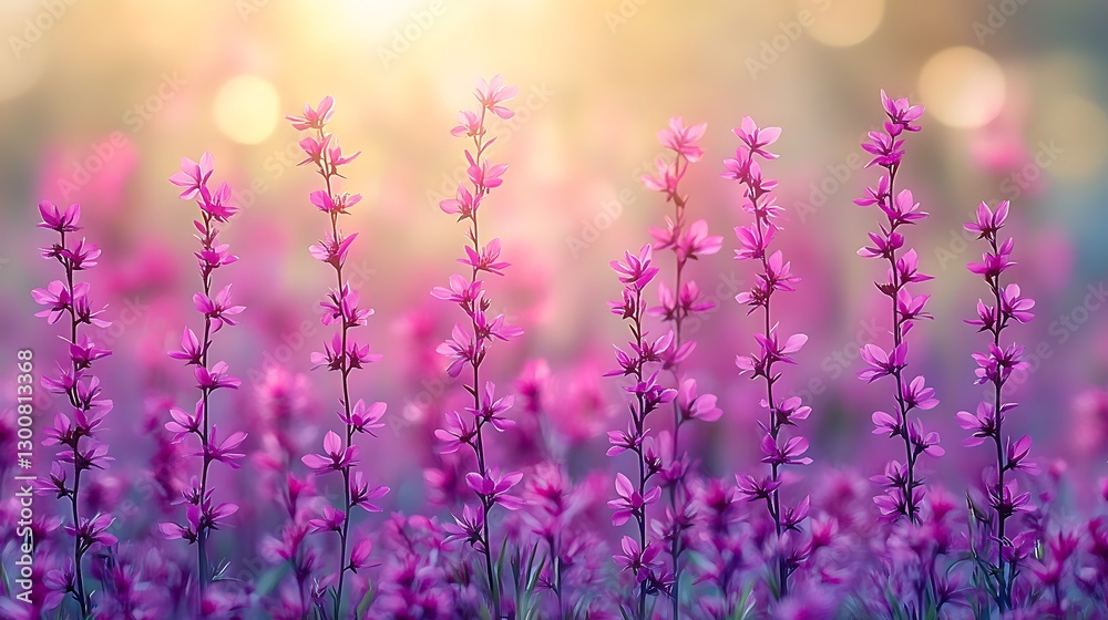 Naklejka premium Pink Flowers Field Sunlight, Beautiful Nature, Spring Bloom, Peaceful Scene
