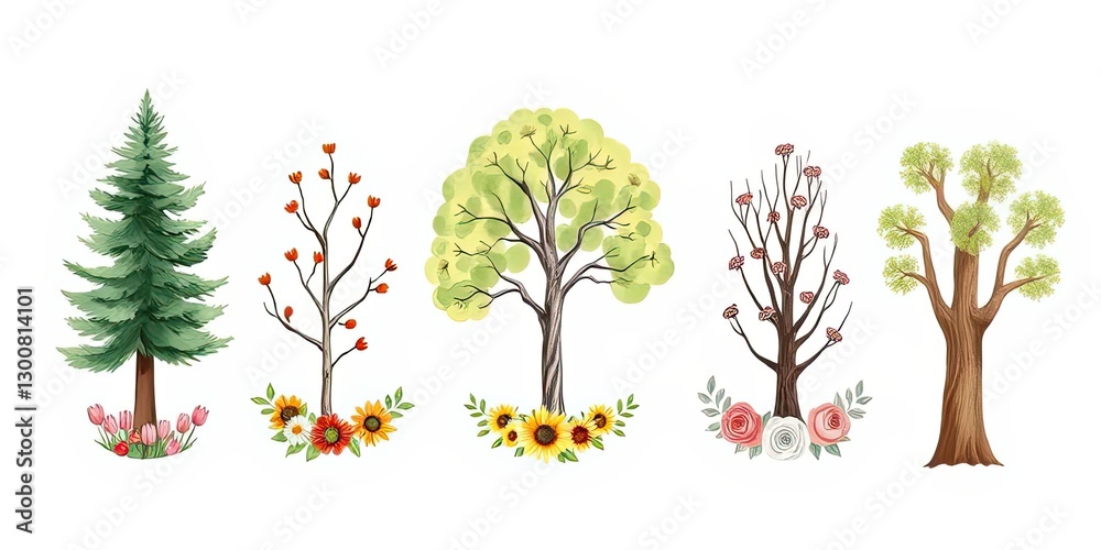 Naklejka premium Watercolor Trees Spring Summer Autumn Winter Seasons Nature Illustration