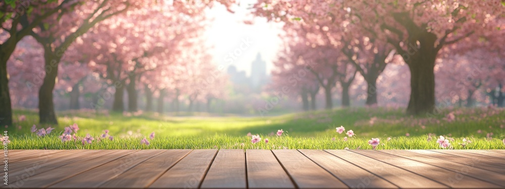 Obraz premium Peaceful Spring Landscape with Cherry Blossoms and Wooden Deck