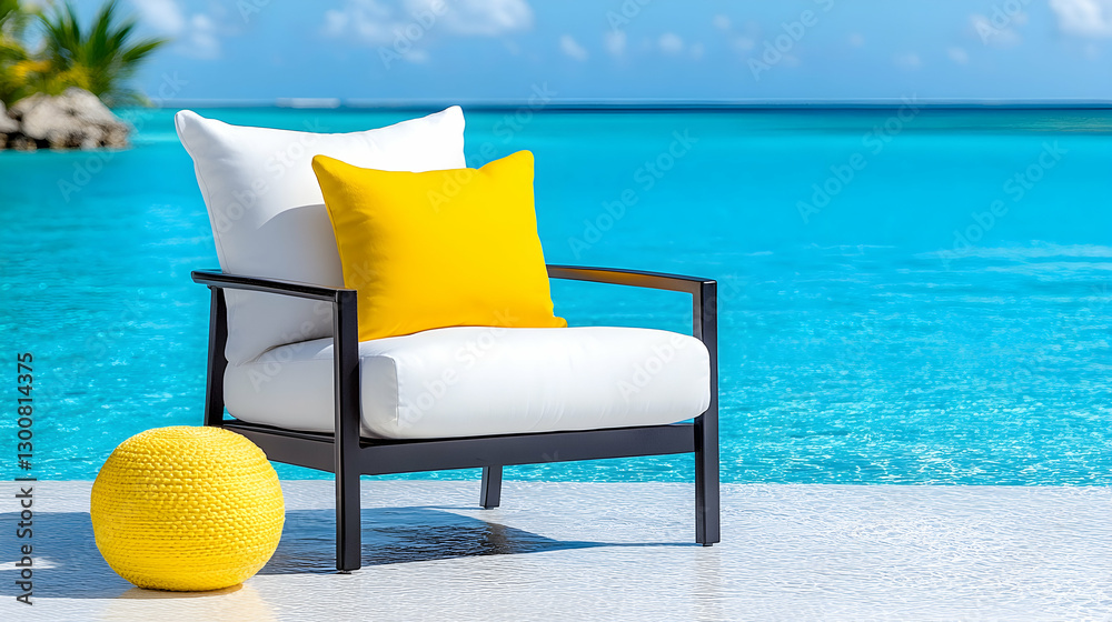 Fototapeta premium Poolside chair, sunny ocean view