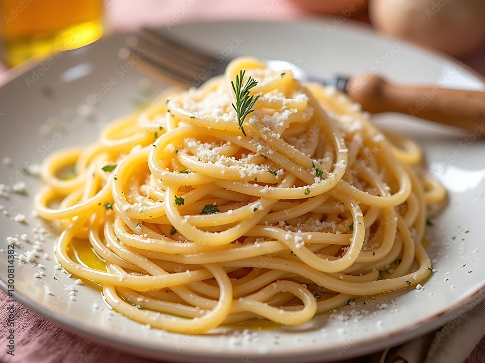 Delicious spaghetti with olive oil, garlic, and parmesan, presented on a pastel plate with a rustic wooden-handled fork. Delicious spaghetti with olive oil, garlic, and parmesan, presented on a pastel plate with a rustic wooden-handled fork.