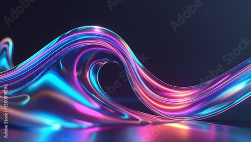 Abstract liquid glass holographic iridescent neon curved wave in motion dark background 3d render.