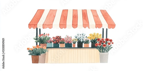Illustration of a florist stand with awning, watercolor paper texture, isolated on a white background