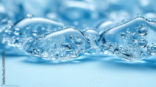 A close-up view of a cluster of crystal-clear ice cubes resting on a smooth, vibrant blue surface, showcasing their intricate textures and reflections, creating a refreshing visual appeal.