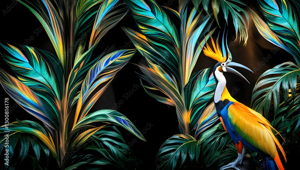 a dramatic, high-contrast cinematic photograph featuring a seamless pattern of intricate, emerald green tropical leaves with vibrant, iridescent blues and yellows, overlapping to create a sense of dep a dramatic, high-contrast cinematic photograph featuring a seamless pattern of intricate, emerald green tropical leaves with vibrant, iridescent blues and yellows, overlapping to create a sense of dep