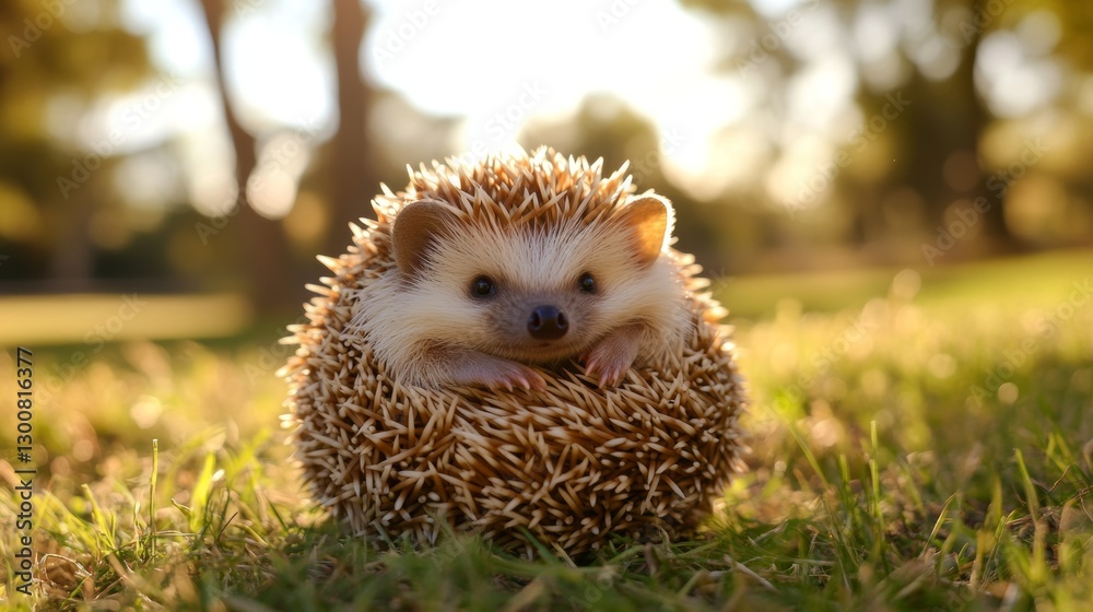 Obraz premium Adorable hedgehog curled up in sunlit grass outdoors