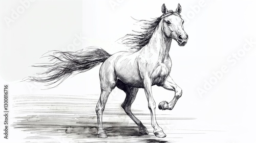 Sketch of a horse with ears pointing forward galloping in a dynamic pose
 photo