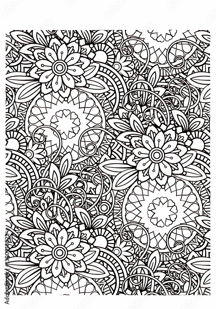 Fototapeta premium Set of coloring pages with flowers pattern. May be used for print of postcards, congratulation cards or fabric bags.Hand drawn zentangle floral background for coloring page