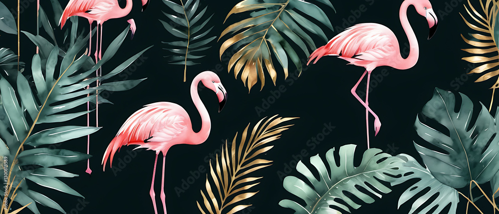 Naklejka premium Flamingos and Tropical Leaves Illustration for Print or Background Use
