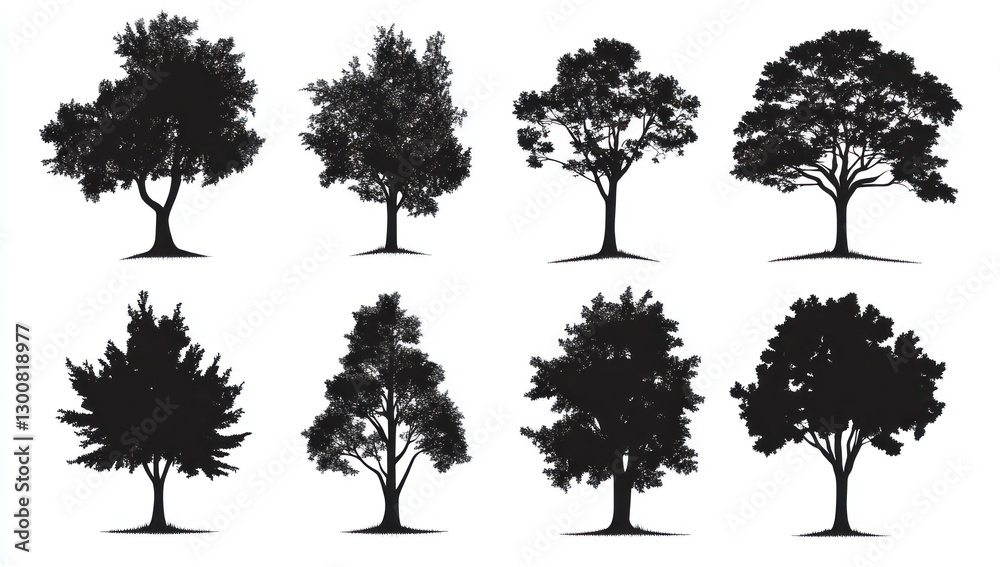 Obraz premium Eight black silhouettes of various trees isolated on white.
