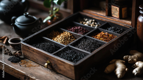 A rustic tea scene featuring a wooden tea storage box, beautifully arranged with loose teas in separate compartments. The rich hues of hibiscus, golden chamomile, and deep green te