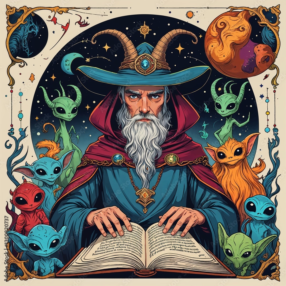 Fantasy Wizard with Magical Creatures T-Shirt Design Fantasy Wizard with Magical Creatures T-Shirt Design