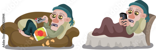 Lazy Ugly Man in Pajamas Watching TV on Couch and Browsing Phone in Bed with Sleep Hat, Junk Food, and Tired Look