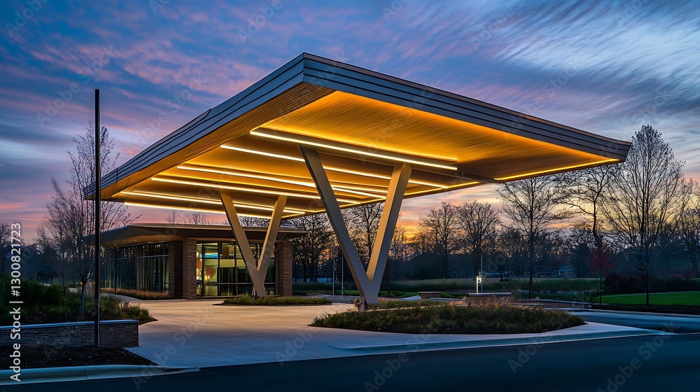 Fototapeta premium Modern Building Entrance with Striking Architecture and Colorful Sunset Sky