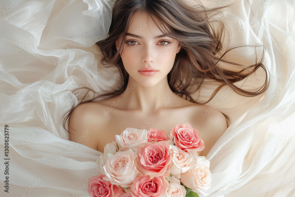 Obraz premium a woman laying in bed with a bouquet of flowers in her hand and a white sheet on her back