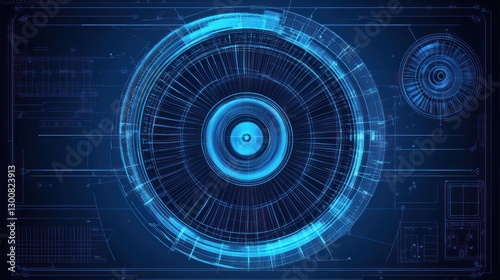 A futuristic blue digital interface with circular elements and technical designs.
