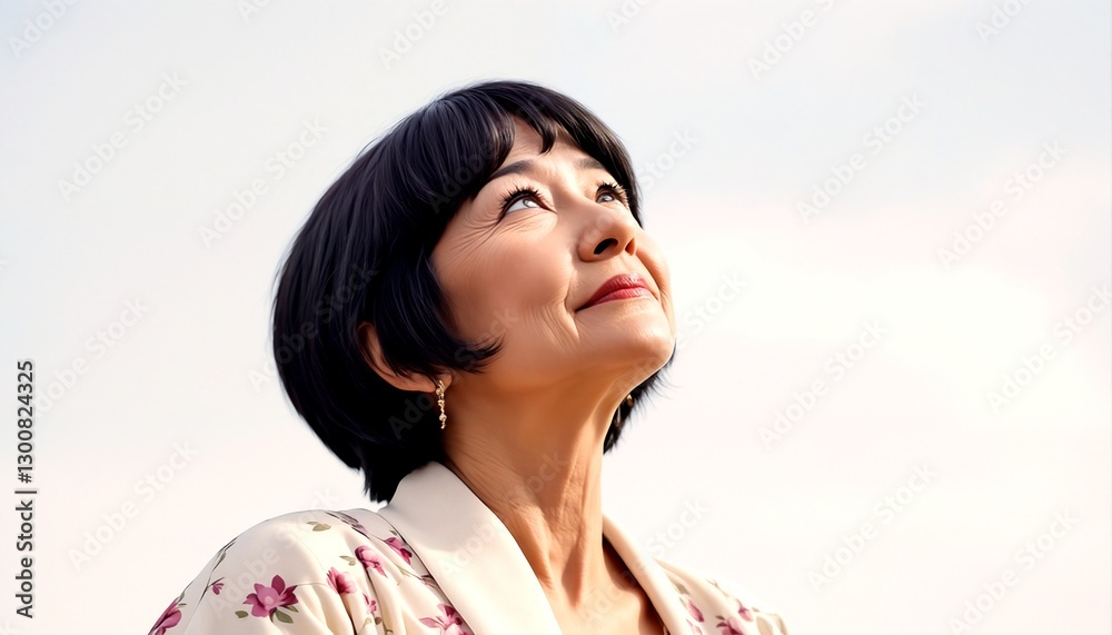 a digital painting of an older woman with short black hair and a white blouse looking up at the sky. a digital painting of an older woman with short black hair and a white blouse looking up at the sky.