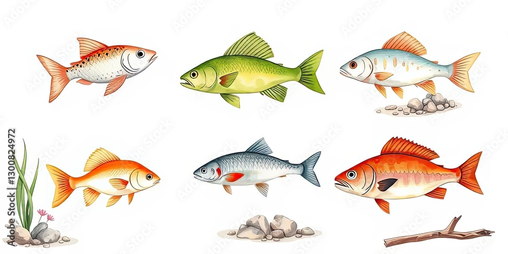 Fototapeta premium Colorful Fish Illustrations Aquarium Pond River Ocean Aquatic Life Wildlife Nature Sea Creatures