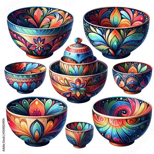 Colorful Decorative Bowls for Cinco de Mayo – Festive Illustration isolated on transparent background