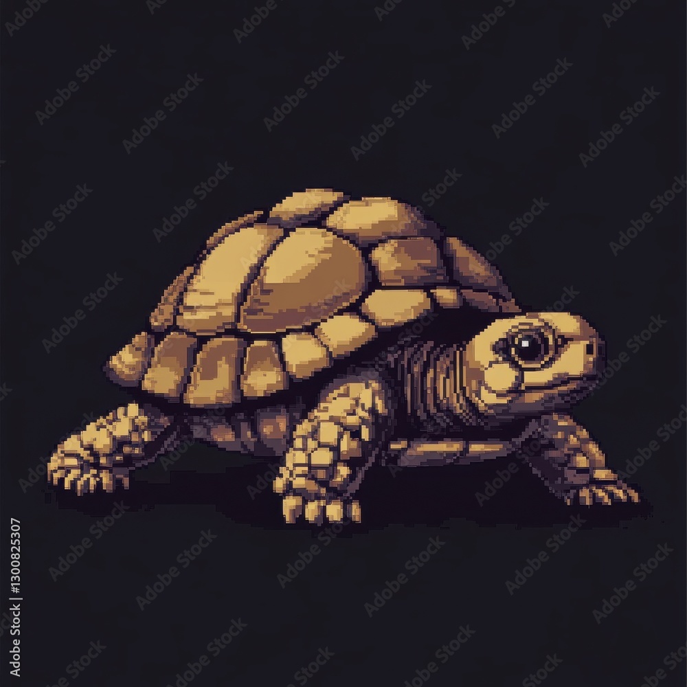 Naklejka premium Pixel Art Tortoise Walking Slowly Across Dark Background