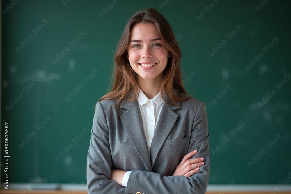 woman standing in front of a blackboard with her arms crossed