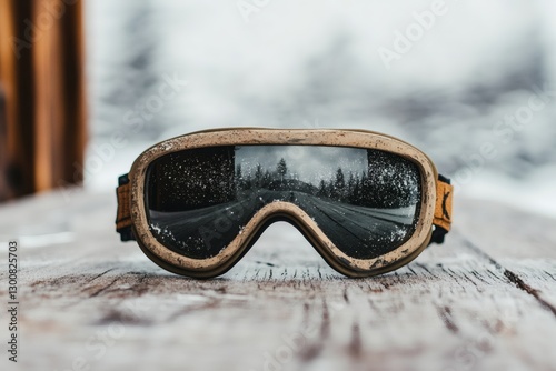 Reflective goggles capture winter's serene beauty. Generative AI